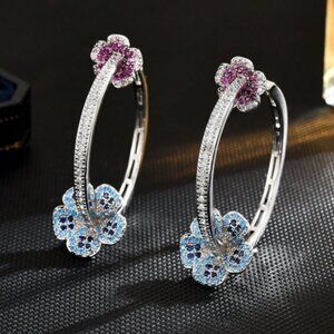 BLUE PINK SILVER CZ FLORAL HOOPS